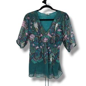 Infinity Teal Paisley Mesh Smocked Waist V-Neck Blouse Top Boho Size Medium